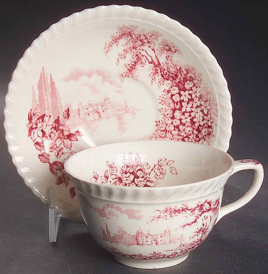 Castle On The Lake Pink Red Flat Cup & Saucer Set by Johnson Brothers-1