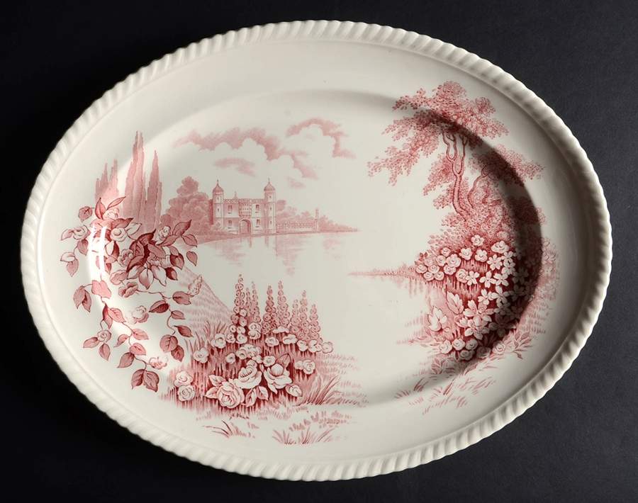 Castle On The Lake Pink Red 13" Oval Serving Platter by Johnson Brothers-1