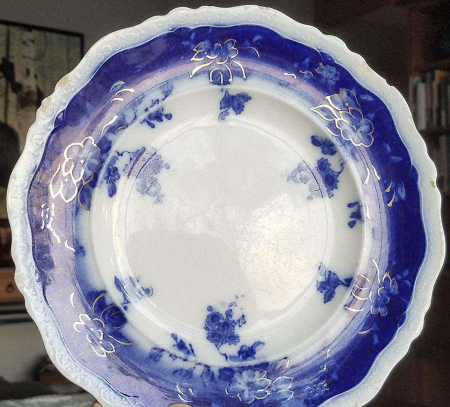 Clayton (Flow Blue, Gold Trim) Large Rim Soup Bowl by Johnson Brothers-1