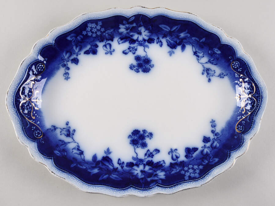 Clayton (Flow Blue, Gold Trim) 14" Oval Serving Platter by Johnson Brothers-1