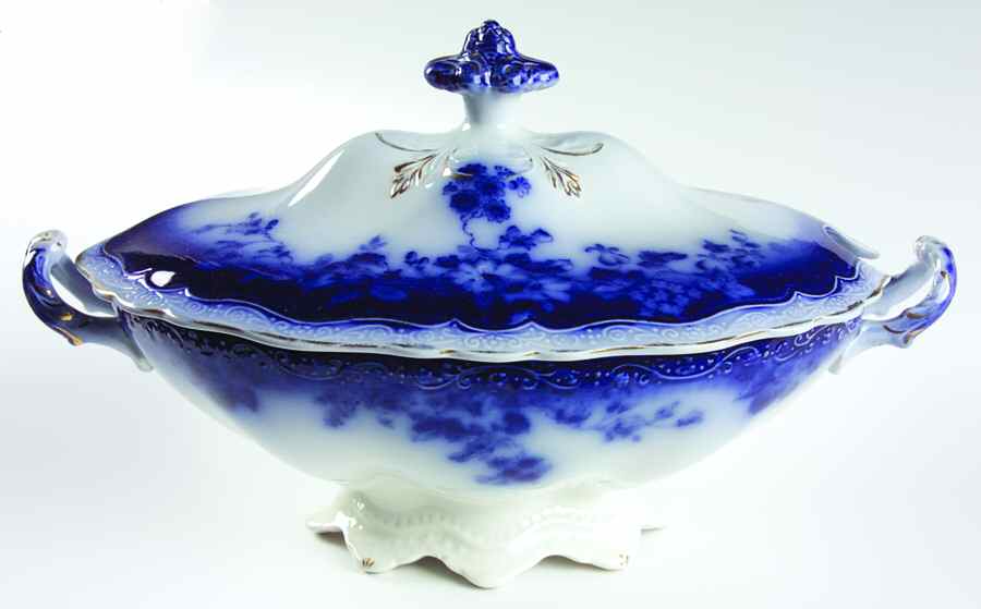 Clayton (Flow Blue, Gold Trim) Oval Tureen & Lid by Johnson Brothers-1
