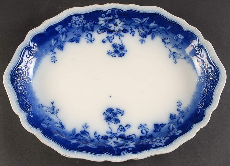 Clayton (Flow Blue, Gold Trim) 16" Oval Serving Platter by Johnson Brothers-1