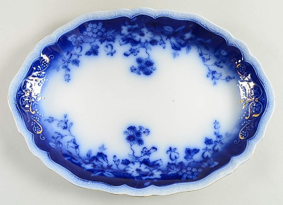 Clayton (Flow Blue, Gold Trim) 12" Oval Serving Platter by Johnson Brothers-1