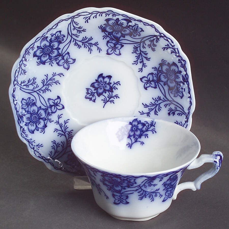 Claremont Flow Blue (Embossed) Flat Cup & Saucer Set by Johnson Brothers-1