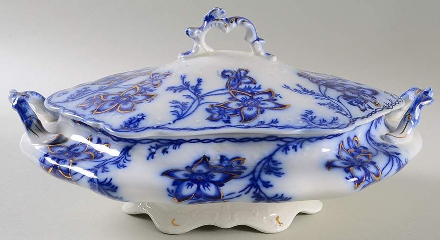 Claremont Flow Blue (Embossed) Hexagonal Covered Vegetable by Johnson Brothers-1