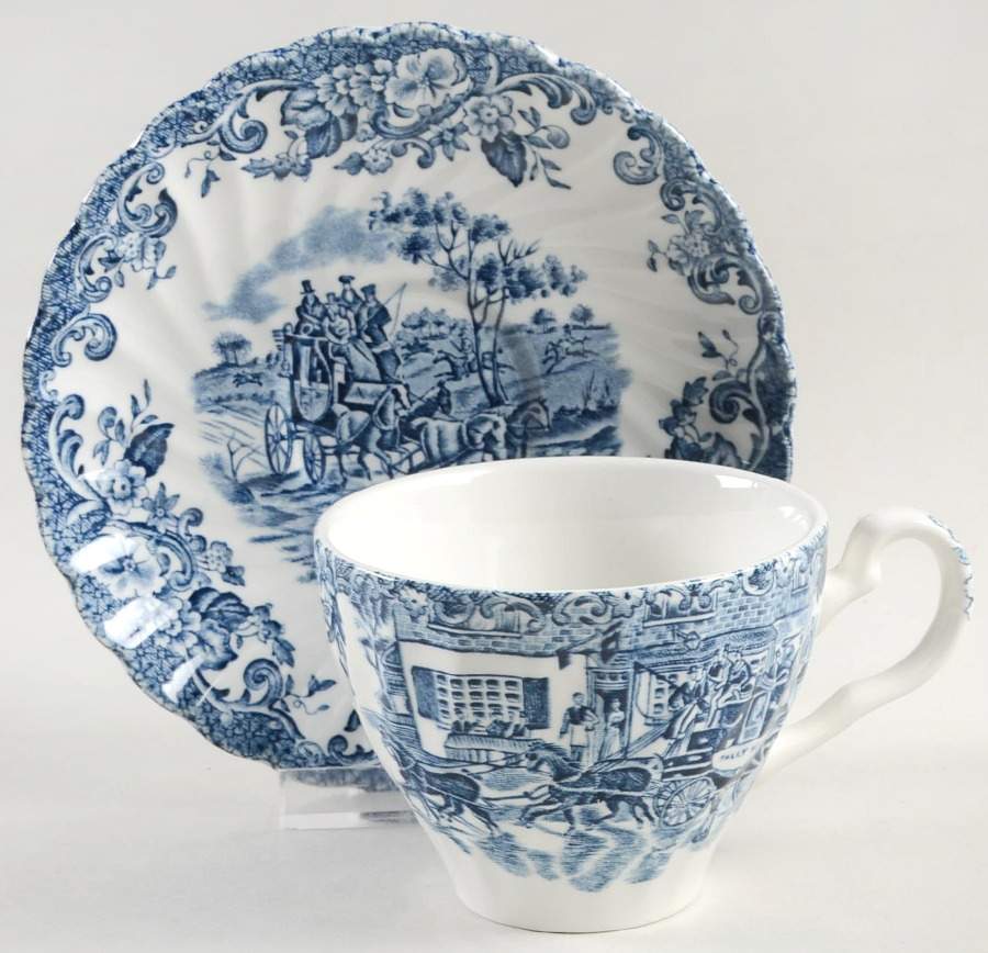 Coaching Scenes Blue Flat Cup & Saucer Set by Johnson Brothers-1
