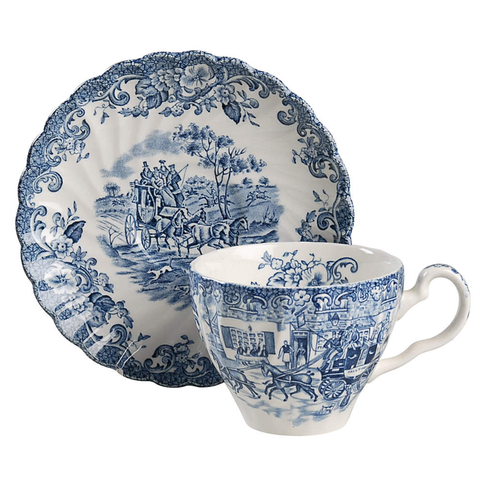 Coaching Scenes Blue Flat Cup & Saucer Set by Johnson Brothers-1