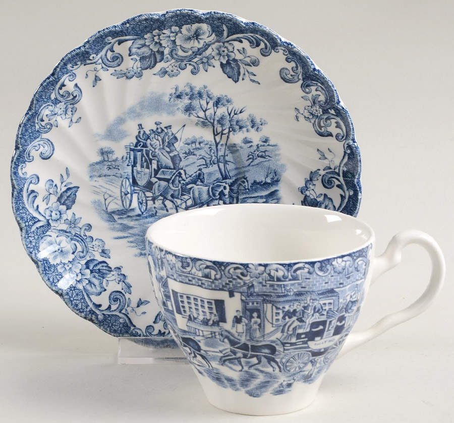 Coaching Scenes Blue Flat Cup & Saucer Set by Johnson Brothers-1