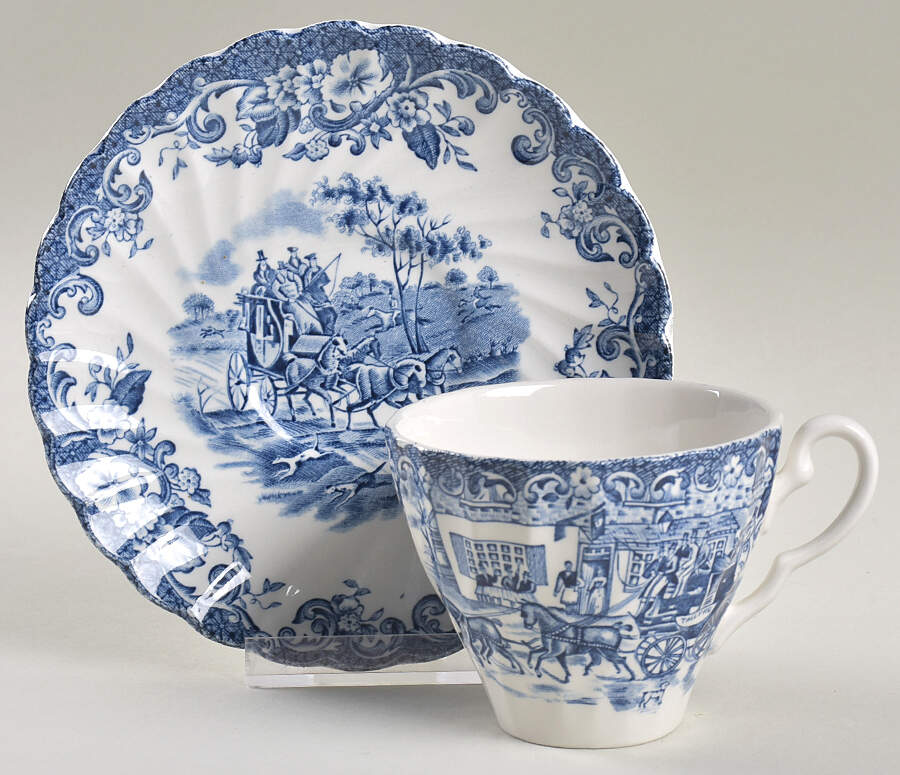 Coaching Scenes Blue Flat Cup & Saucer Set by Johnson Brothers-1