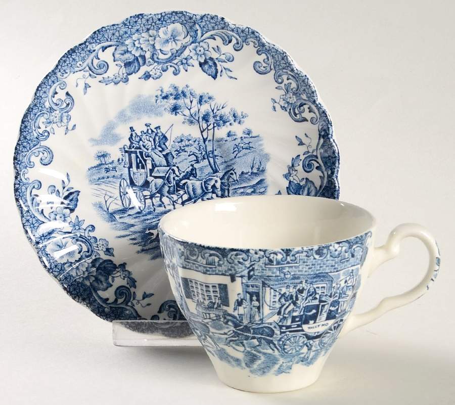 Coaching Scenes Blue Flat Continental Cup & Saucer Set by Johnson Brothers-1