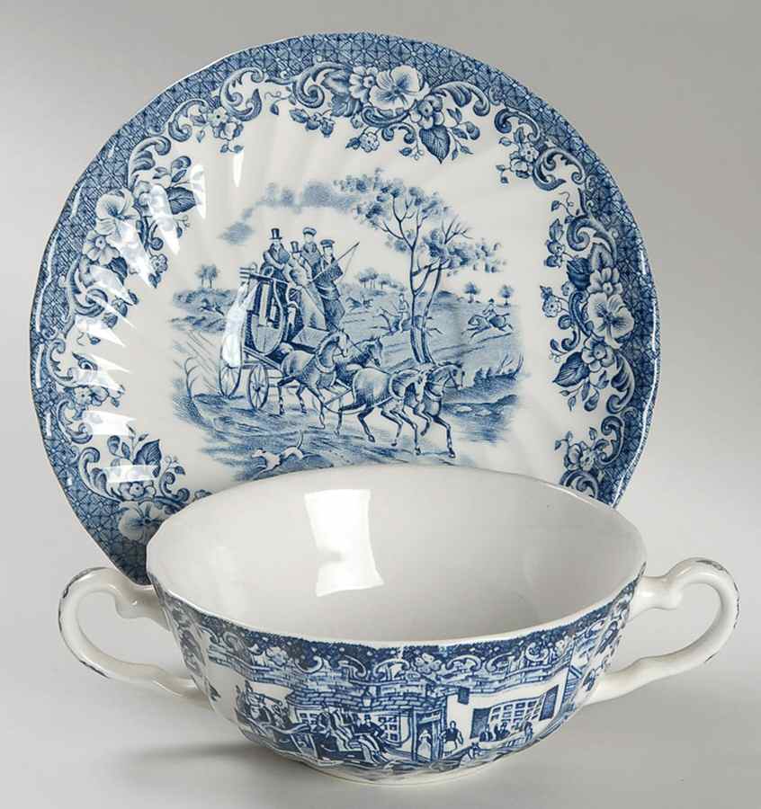 Coaching Scenes Blue Flat Cream Soup Bowl & Saucer Set by Johnson Brothers-1