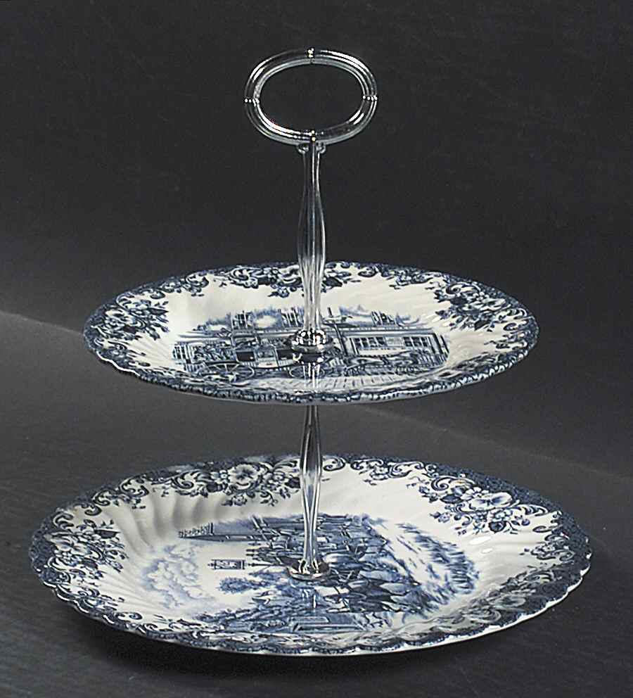Coaching Scenes Blue 6 5/8"-10"  2 Tiered Serving Tray (Dp, Sp) HC by Johnson Brothers-1