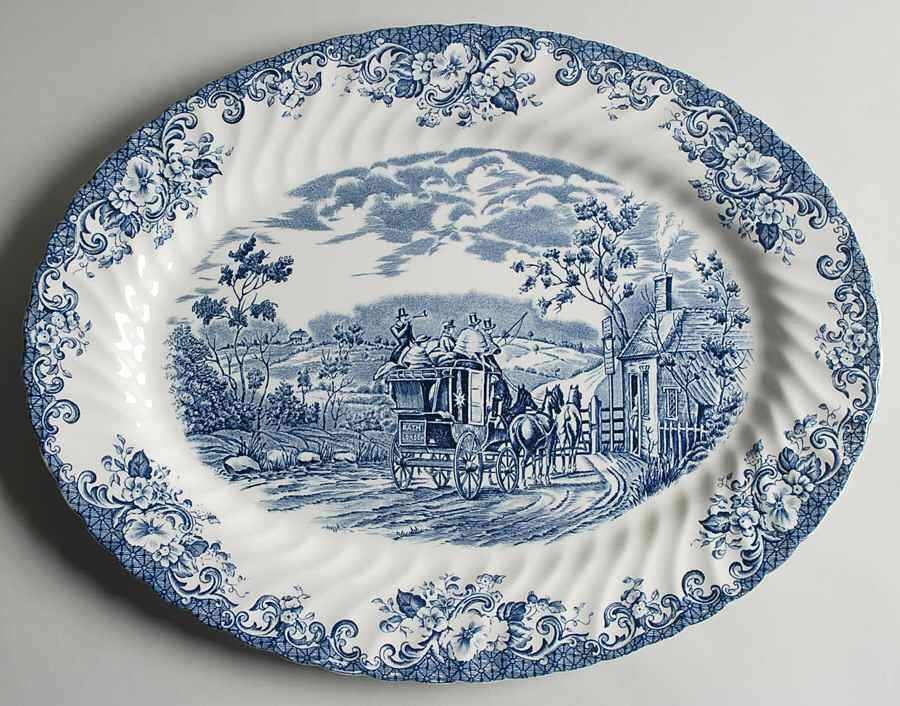 Coaching Scenes Blue 15" Oval Serving Platter by Johnson Brothers-1