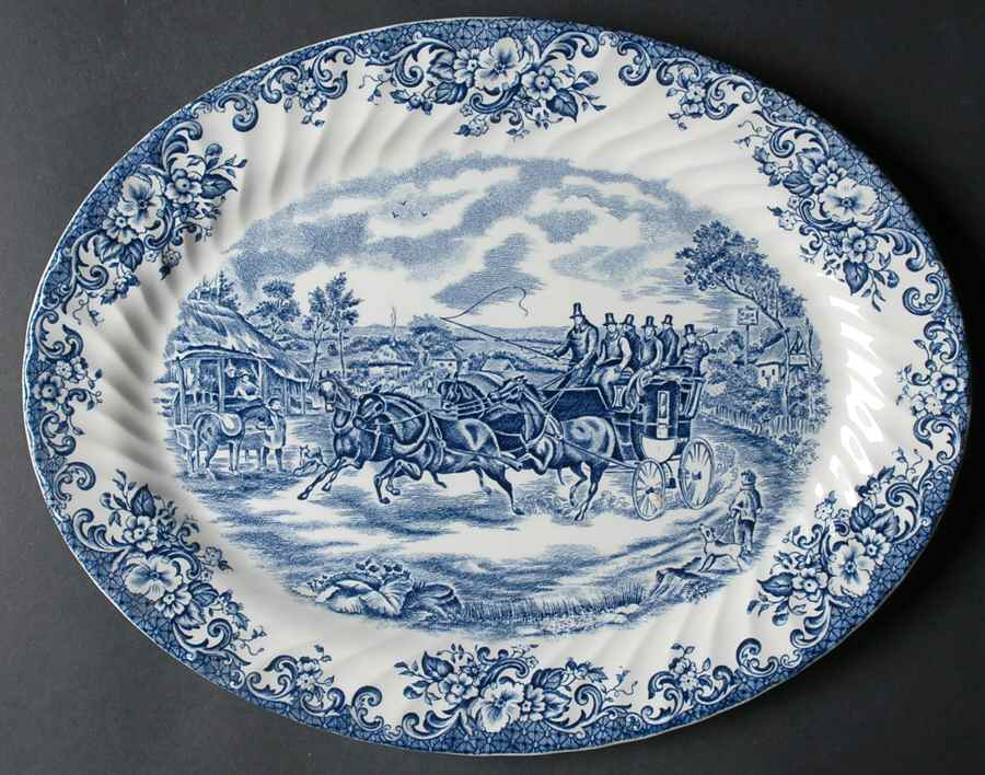 Coaching Scenes Blue 13" Oval Serving Platter by Johnson Brothers-1
