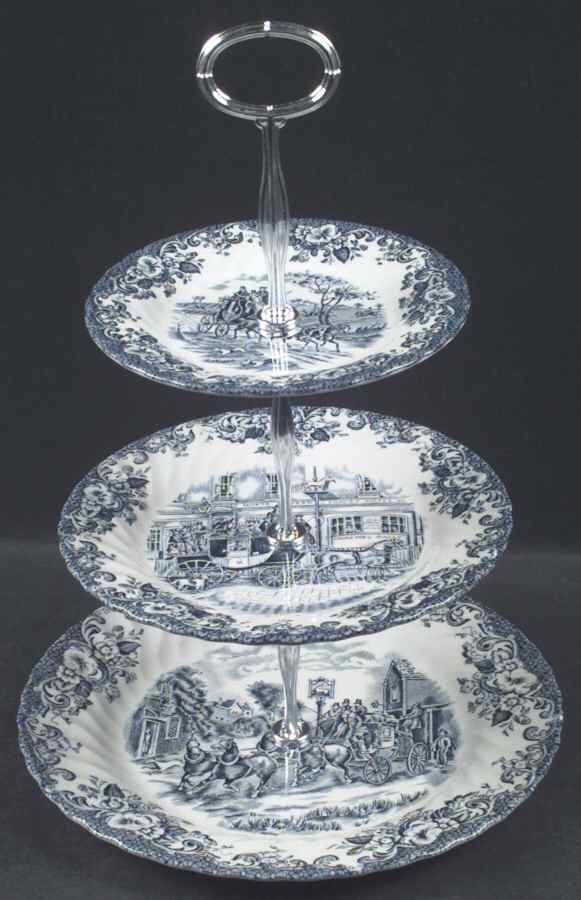 Coaching Scenes Blue 13 7/8"-14 1/4" 3-Tiered Serving Tray(DP,SP,BB) HC by Johnson Brothers-1