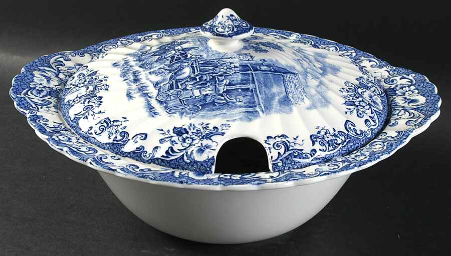 Coaching Scenes Blue Large Round Covered Vegetable by Johnson Brothers-1