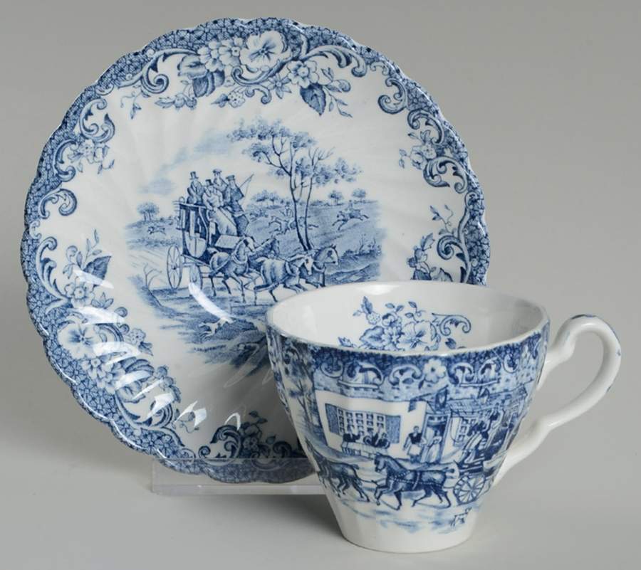 Coaching Scenes Blue Flat Cup & Saucer Set by Johnson Brothers-1