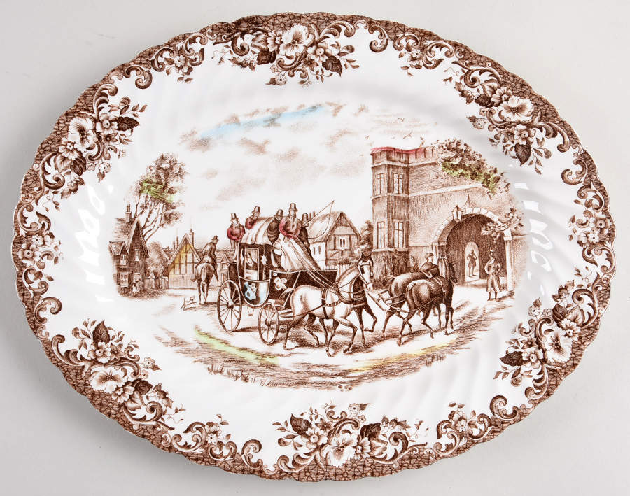 Coaching Scenes Brown Multicolor 12" Oval Serving Platter by Johnson Brothers-1