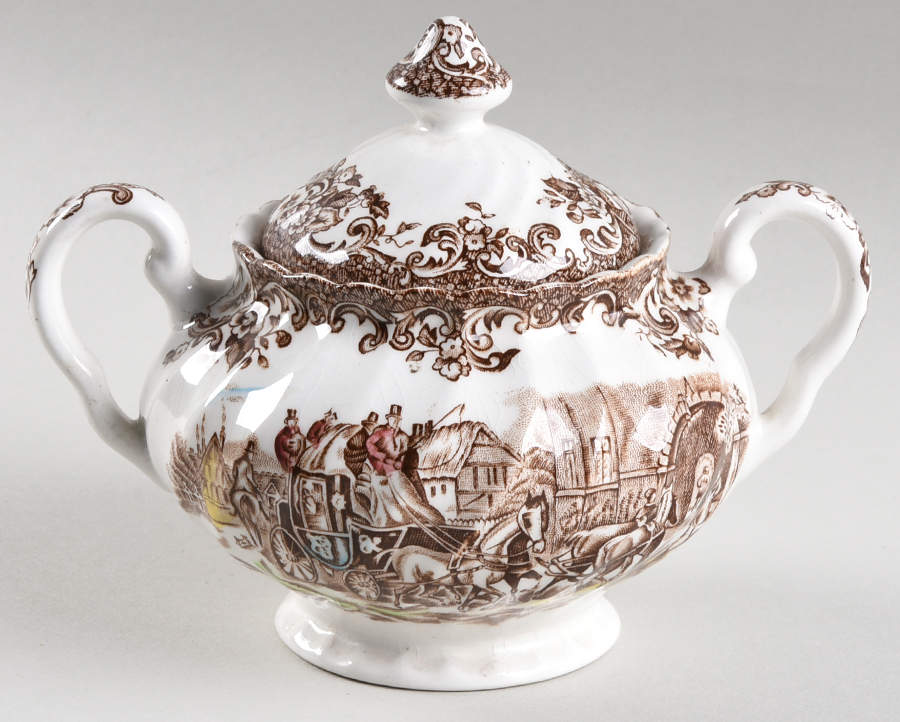 Coaching Scenes Brown Multicolor Sugar Bowl & Lid by Johnson Brothers-1