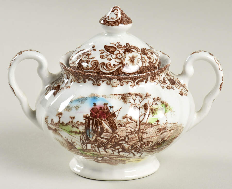 Coaching Scenes Brown Multicolor Mini Sugar Bowl & Lid by Johnson Brothers-1
