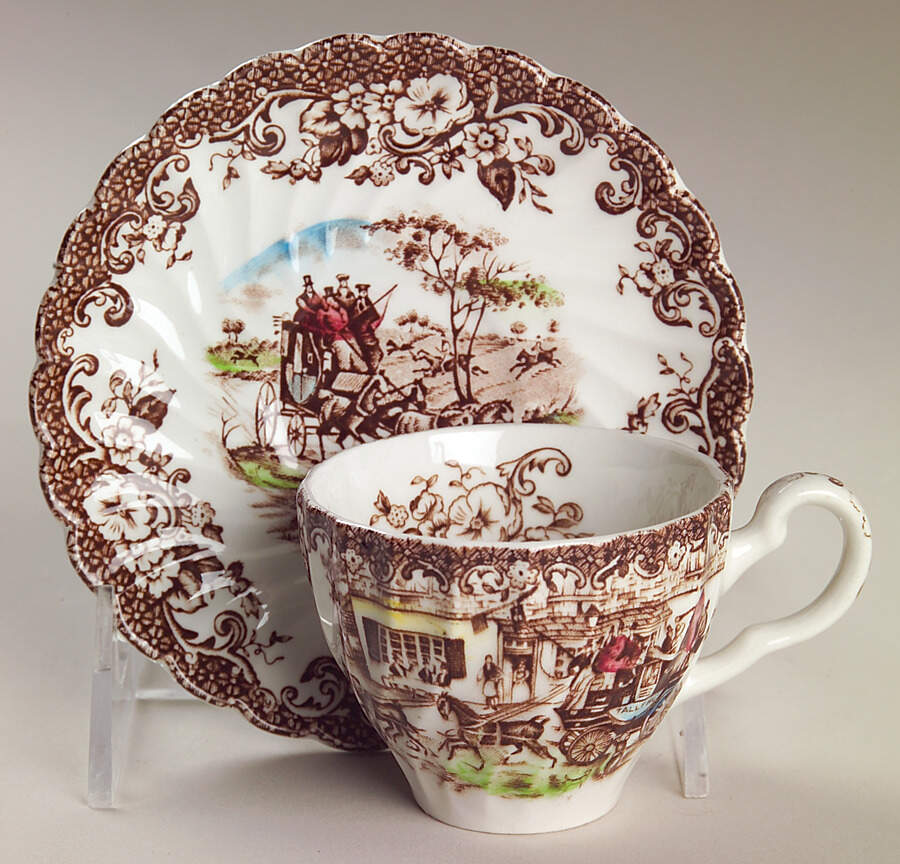 Coaching Scenes Brown Multicolor Flat Demitasse Cup & Saucer Set by Johnson Brothers-1
