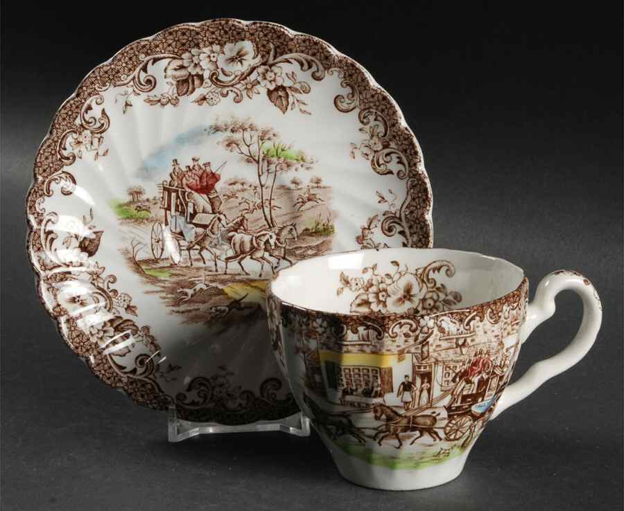 Coaching Scenes Brown Multicolor Flat Cup & Saucer Set by Johnson Brothers-1