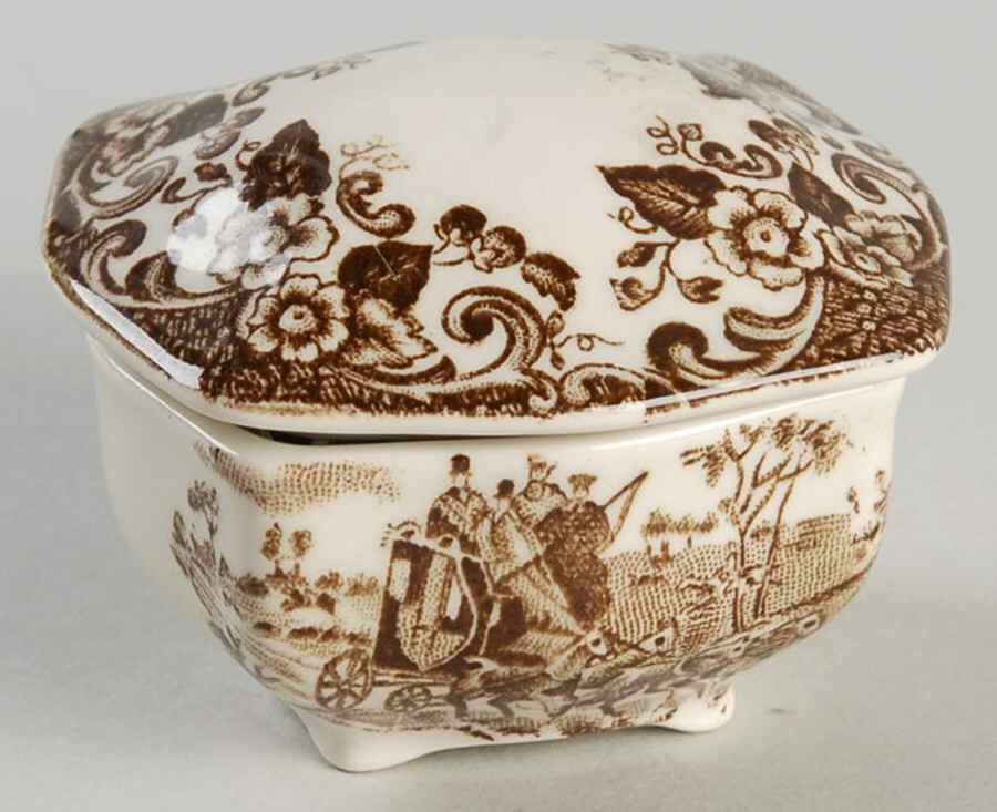 Coaching Scenes Brown Multicolor Trinket Box & Lid by Johnson Brothers-1