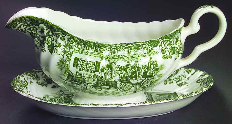 Coaching Scenes Green Gravy Boat & Underplate/Relish by Johnson Brothers-1