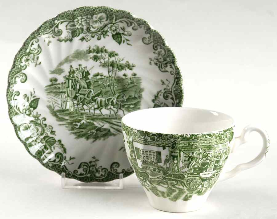 Coaching Scenes Green Flat Cup & Saucer Set by Johnson Brothers-1