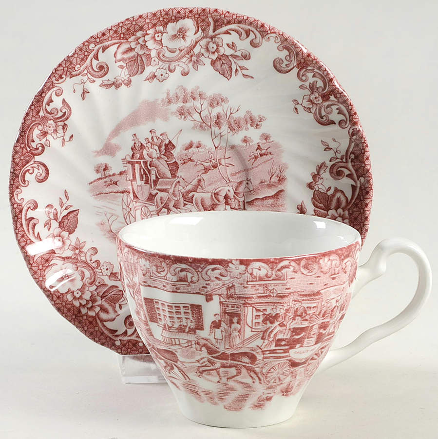 Coaching Scenes Pink Flat Cup & Saucer Set by Johnson Brothers-1
