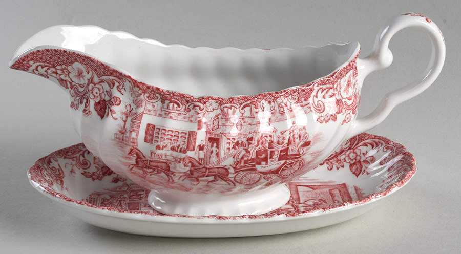 Coaching Scenes Pink Gravy Boat & Underplate/Relish by Johnson Brothers-1