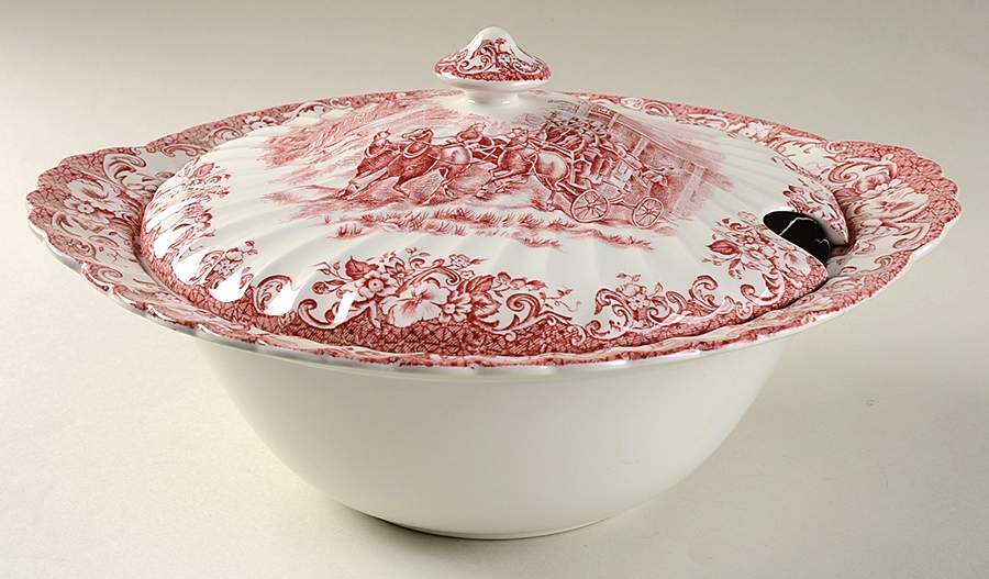 Coaching Scenes Pink Large Round Covered Vegetable by Johnson Brothers-1