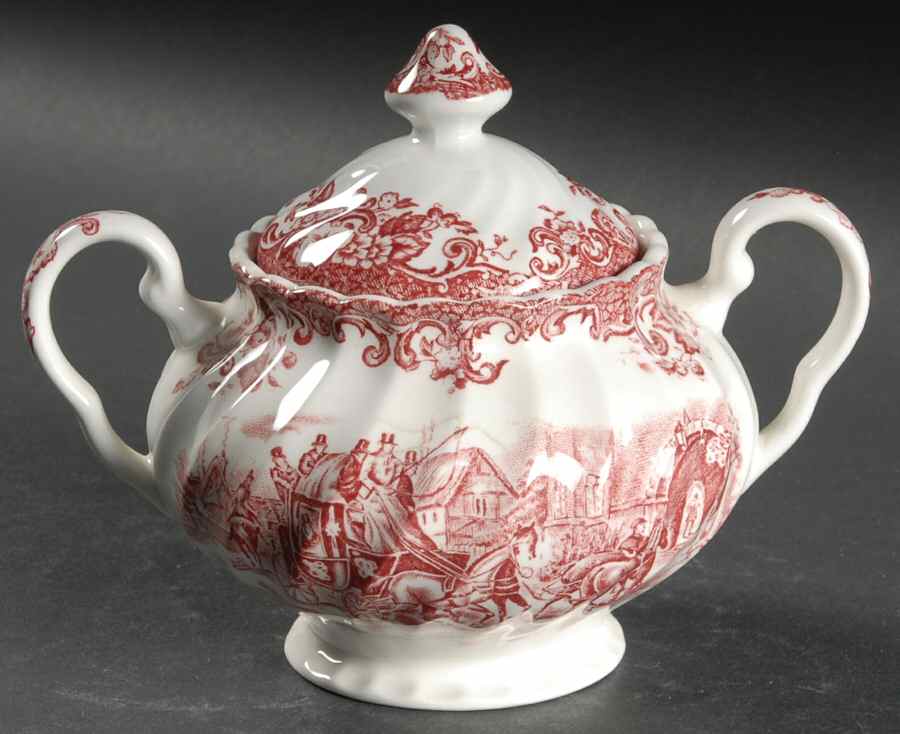 Coaching Scenes Pink Sugar Bowl & Lid by Johnson Brothers-1