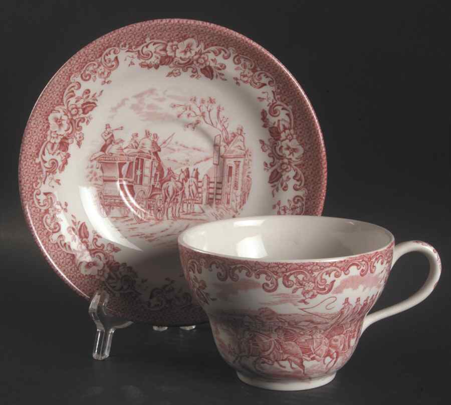 Coaching Scenes Pink Jumbo Cup & Saucer Set by Johnson Brothers-1