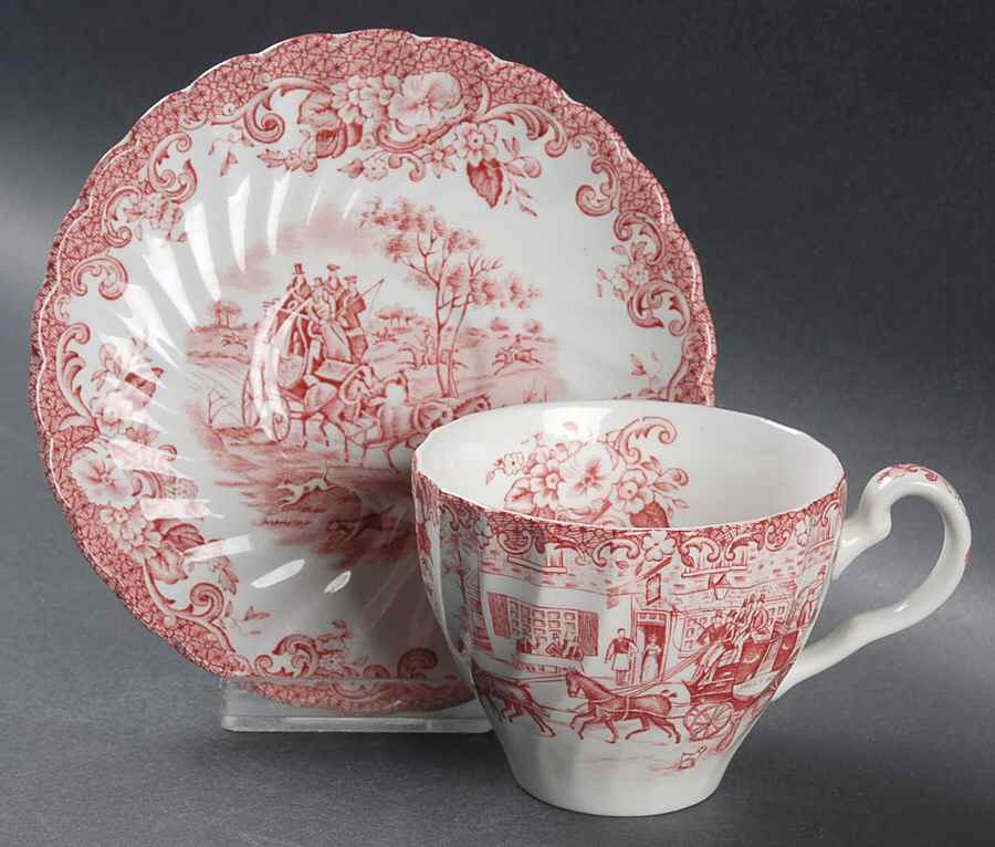 Coaching Scenes Pink Flat Cup & Saucer Set by Johnson Brothers-1