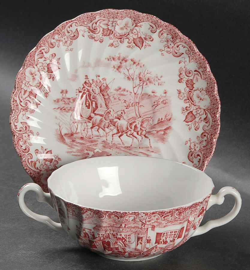 Coaching Scenes Pink Flat Cream Soup Bowl & Saucer Set by Johnson Brothers-1
