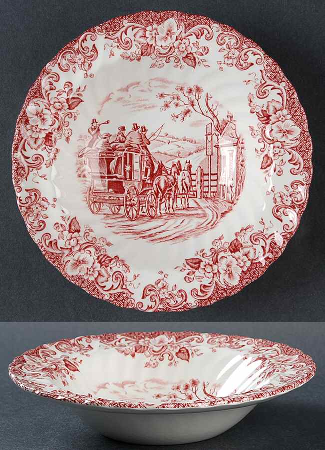 Coaching Scenes Pink Rim Fruit/Dessert (Sauce) Bowl by Johnson Brothers-1