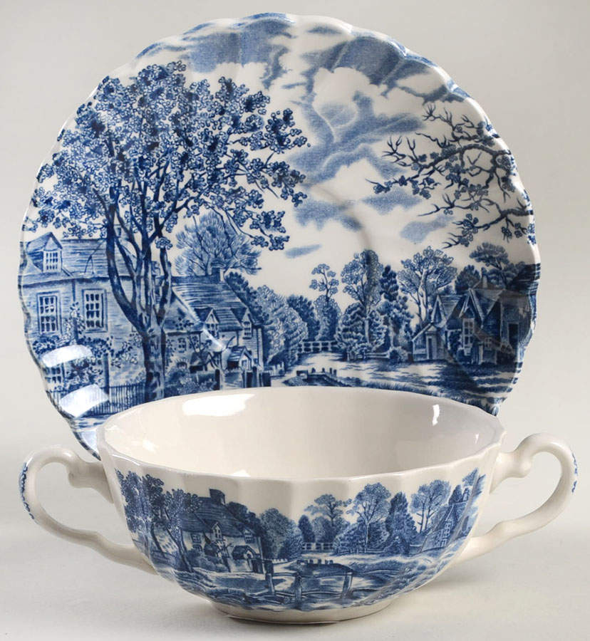 Cotswold Blue Flat Cream Soup Bowl & Saucer Set by Johnson Brothers-1