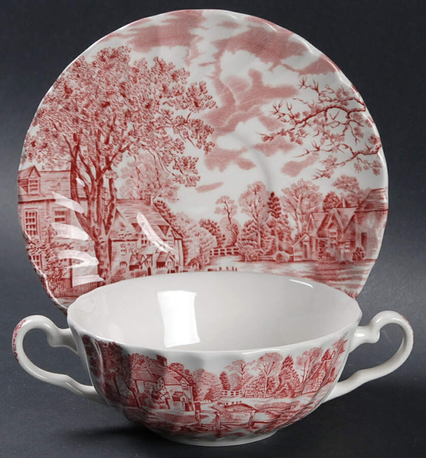 Cotswold Pink Flat Cream Soup Bowl & Saucer Set by Johnson Brothers-1