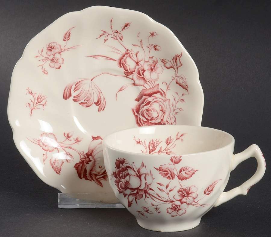 Day In June Burgundy Flat Cup & Saucer Set by Johnson Brothers-1
