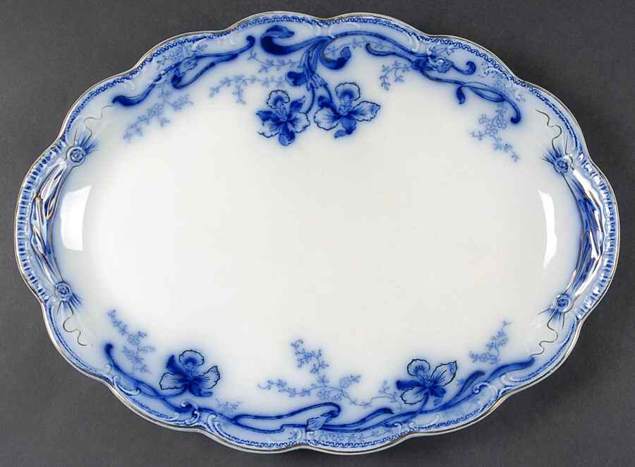 Delmonte (Flow Blue, Gold Accent) 14" Oval Serving Platter by Johnson Brothers-1