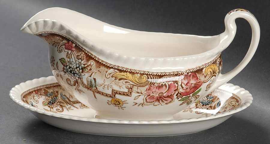 Devonshire Brown Multicolor Gravy Boat & Underplate/Relish by Johnson Brothers-1