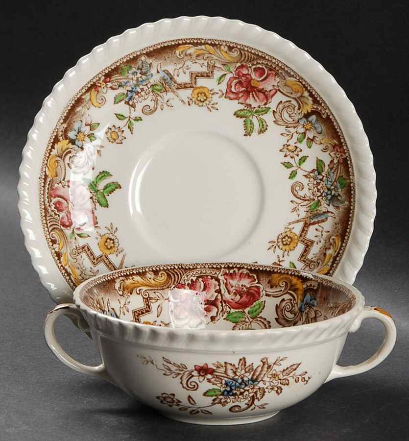 Devonshire Brown Multicolor Flat Cream Soup Bowl & Saucer Set by Johnson Brothers-1
