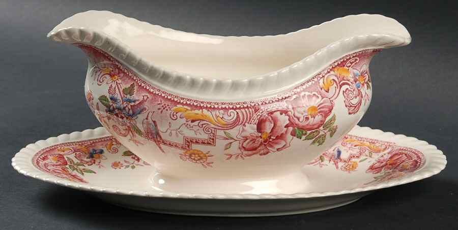 Devonshire Red Multicolor Gravy Boat with Attached Underplate by Johnson Brothers-1