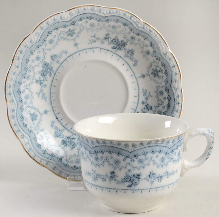 Dorothy (Blue Transfer, Gold Trim) Flat Cup & Saucer Set by Johnson Brothers-1
