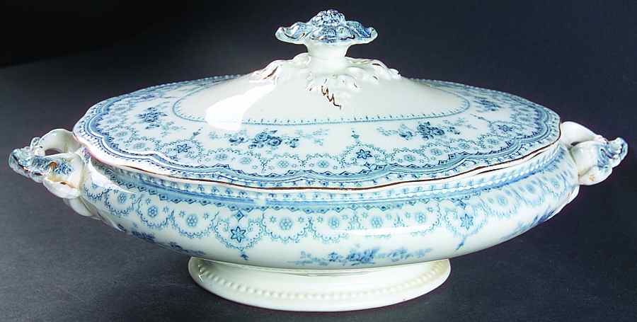 Dorothy (Blue Transfer, Gold Trim) Oval Covered Vegetable by Johnson Brothers-1