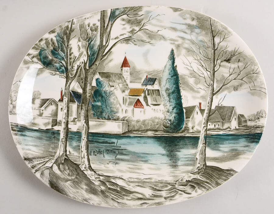 Dream Town Green Multicolor 14" Oval Serving Platter by Johnson Brothers-1