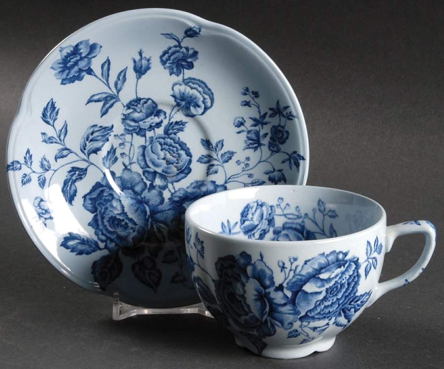 Elizabeth Blue (Blue Background) Flat Cup & Saucer Set by Johnson Brothers-1