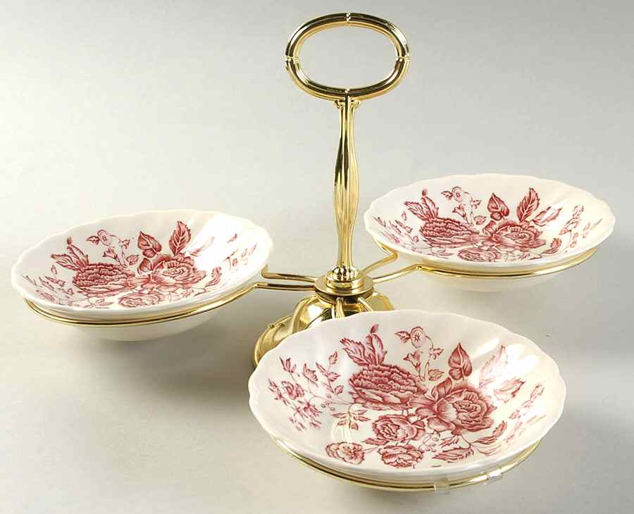 Elizabeth Pink 7" x 12" 3-Part Relish & Metal Stand (FR) HC by Johnson Brothers-1