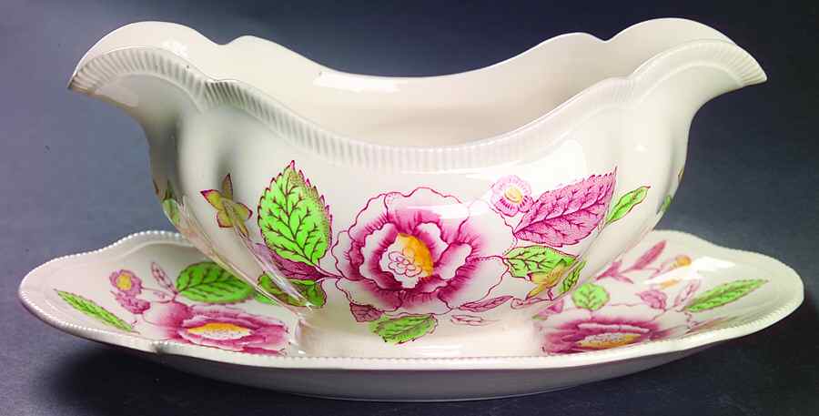English Bouquet (Old Staffordshire) Gravy Boat with Attached Underplate by Johnson Brothers-1